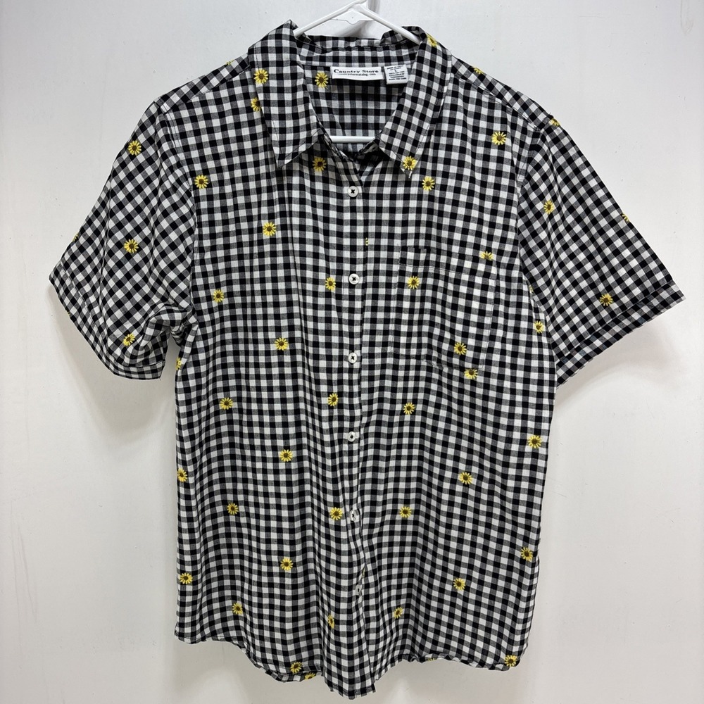 VTG Country‎ Store Womens Black & White Gingham Print Embroidered Sunflower L
